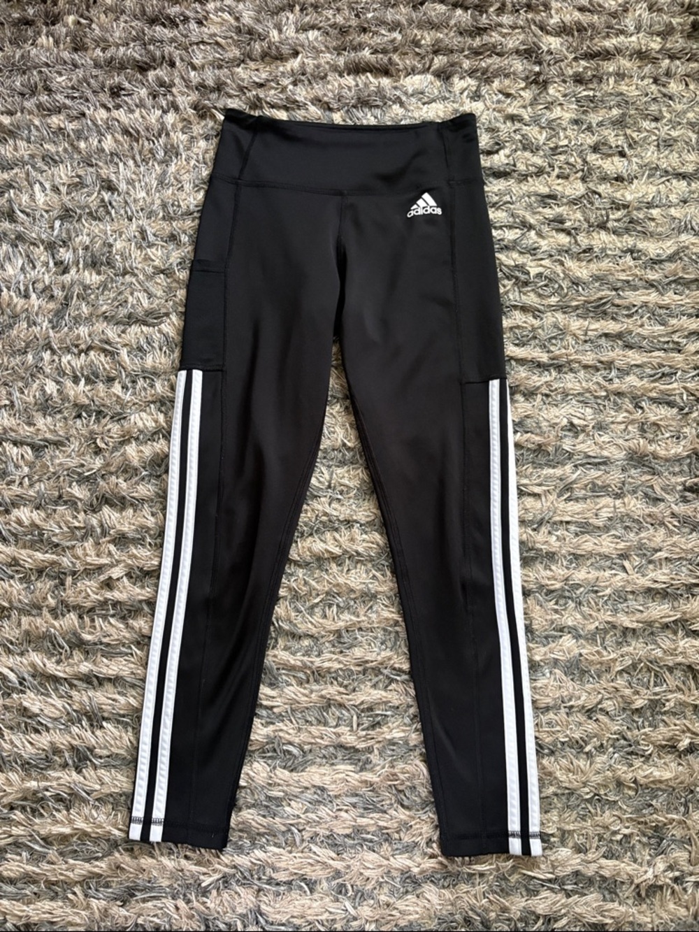 adidas Classic Black Leggings with White Side Stripes Side Pocket Size S